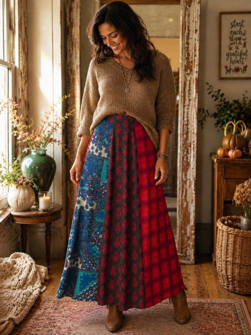 Natural Life Womens Valentina Maxi Skirt Sz Large Boho Plaid Paisley Red Teal
